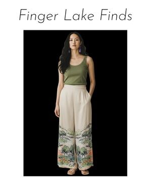 Cream Wide-Leg Scenic Print Pants
